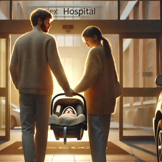 A father and a mother are walking out of the hospital with their new baby. 